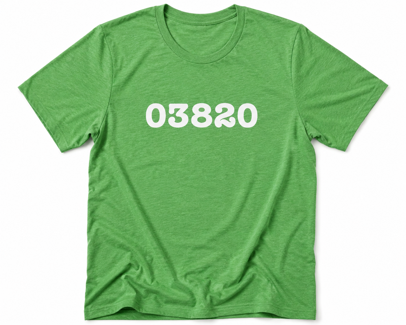 Green t-shirt with '03820' printed on it against a white background