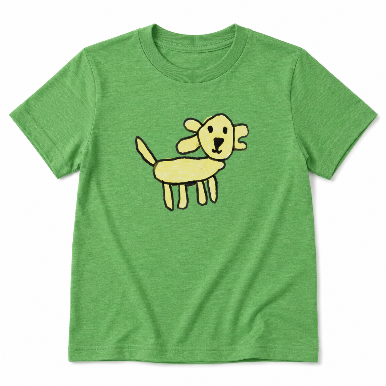 Green t-shirt with a yellow dog graphic on a white background