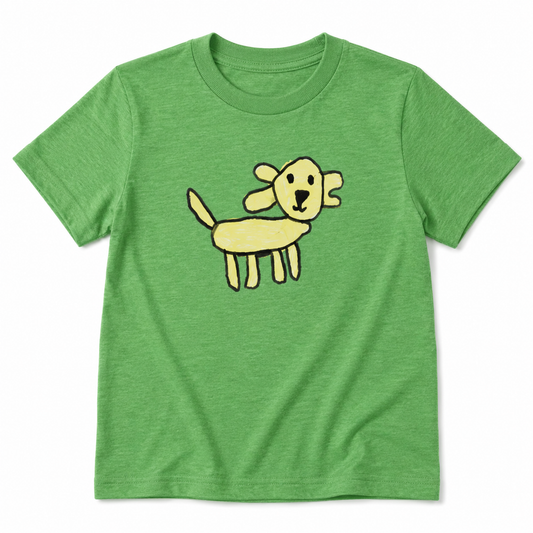Green t-shirt with a yellow dog graphic on a white background