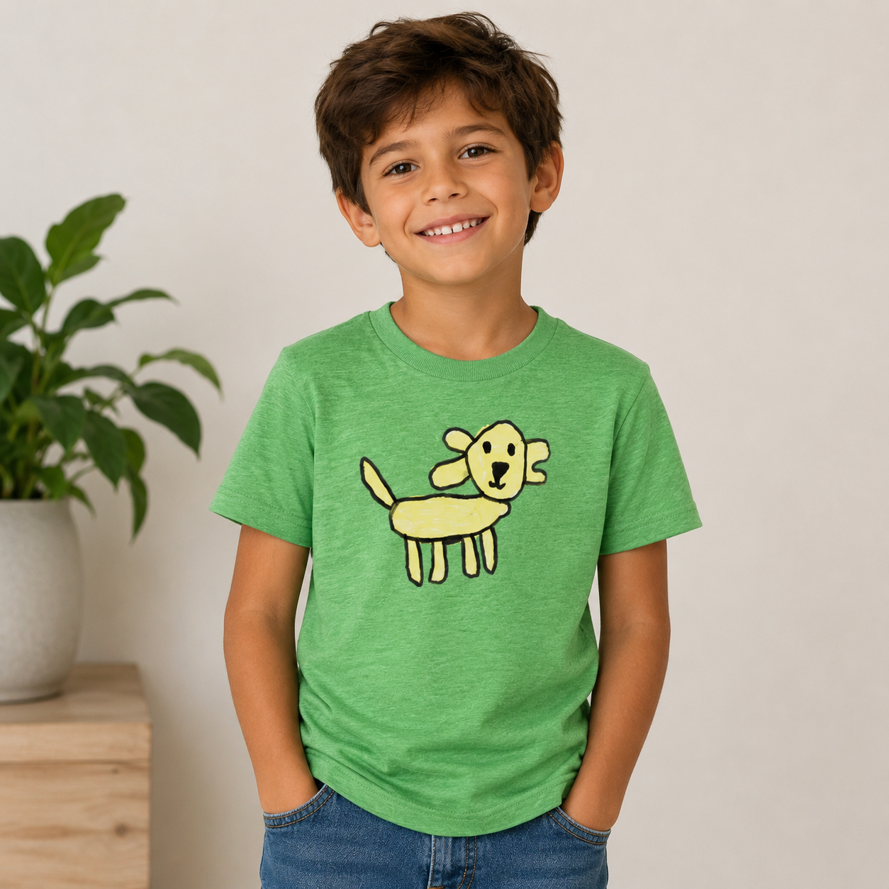 Child wearing a green t-shirt with a yellow dog graphic, standing indoors.