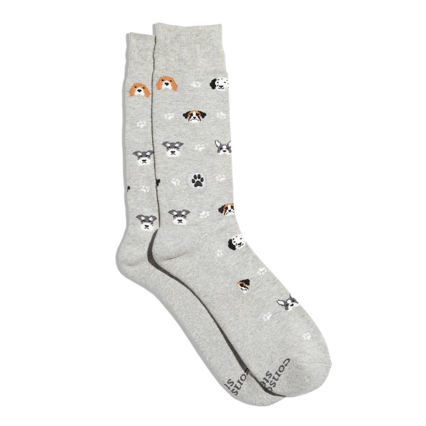 Gray socks with dog illustrations on a white background