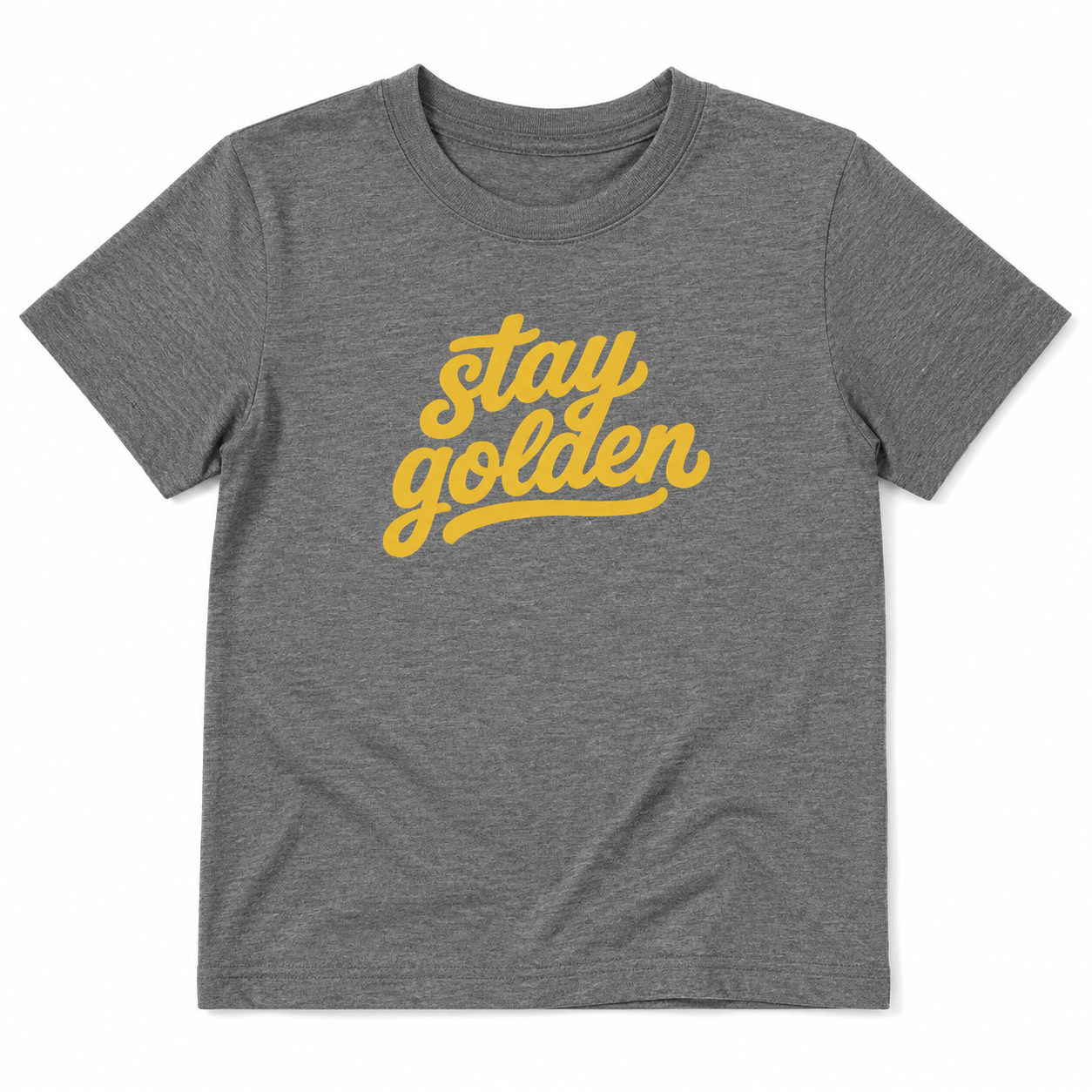 Gray t-shirt with 'stay golden' text in yellow on a white background