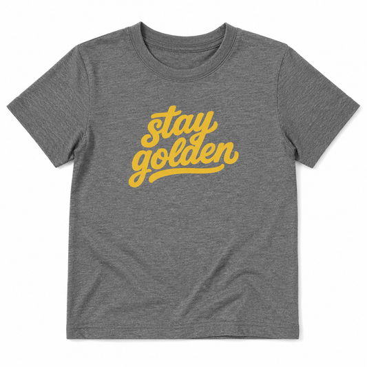 Gray t-shirt with 'stay golden' text in yellow on a white background