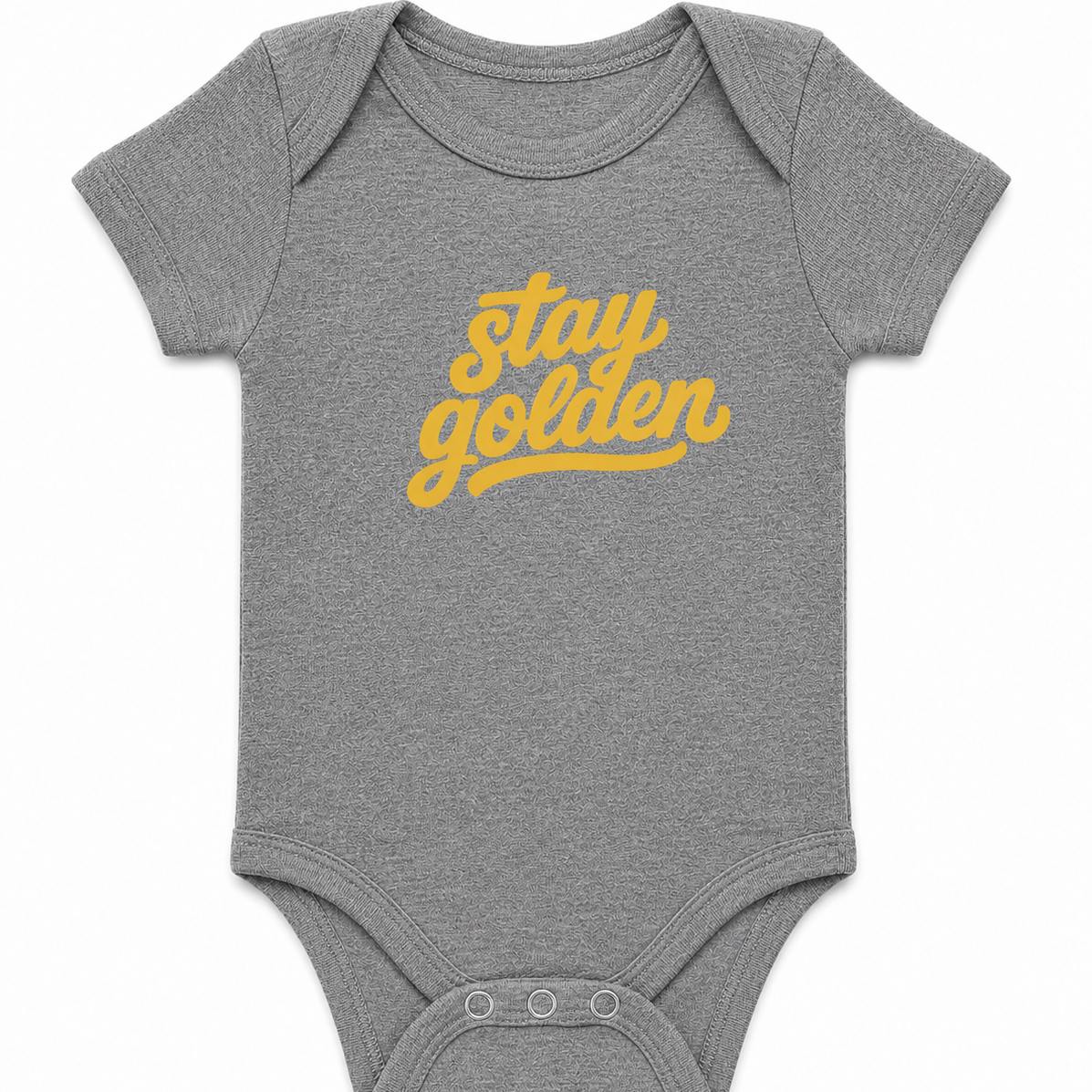 Gray baby onesie with 'stay golden' text in yellow on a white background