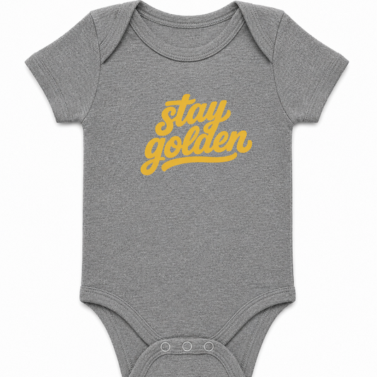 Gray baby onesie with 'stay golden' text in yellow on a white background