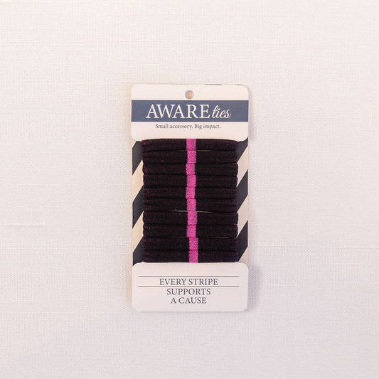 Pack of black and pink striped hair ties on a white background