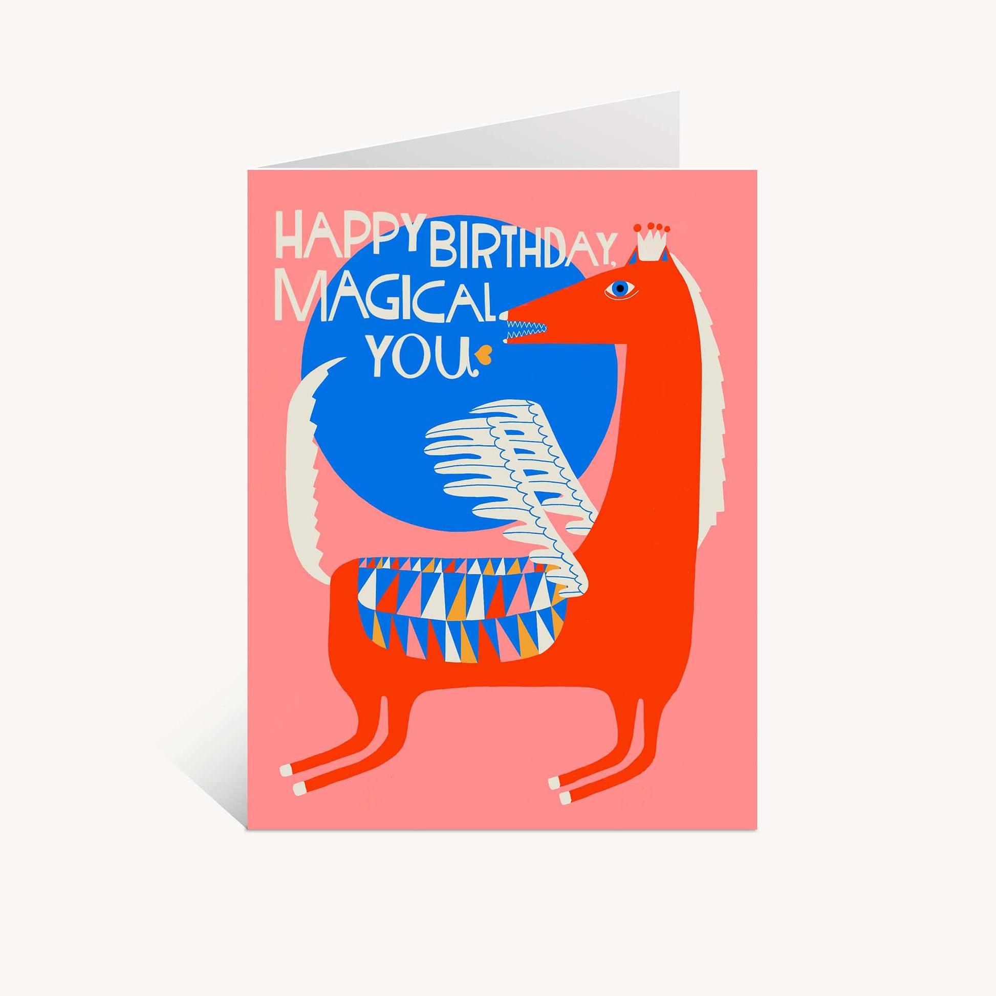 Birthday card with a red creature illustration and 'Happy Birthday Magical You' text on a pink background