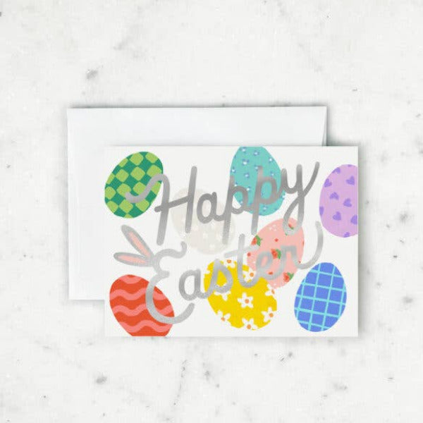 Greeting card with 'Happy Easter' text and colorful eggs on a white background