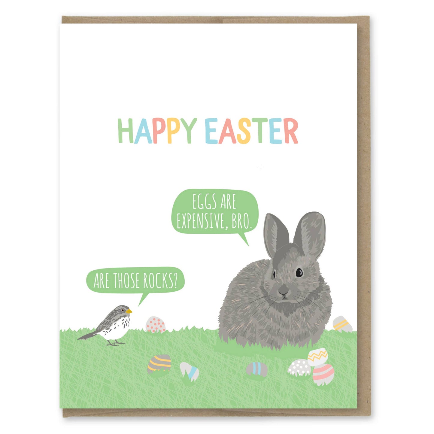 Easter card with a rabbit and bird对话, featuring 'Happy Easter' text.