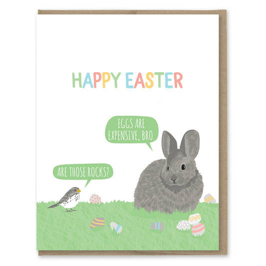 Easter card with a rabbit and bird对话, featuring 'Happy Easter' text.
