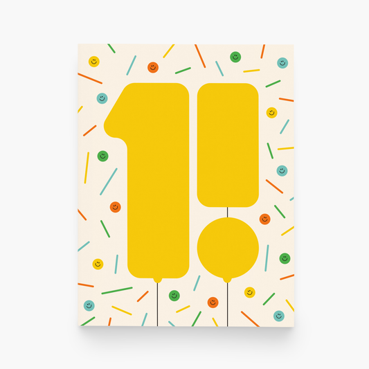 Yellow number '1!' on a white background with colorful confetti-like patterns