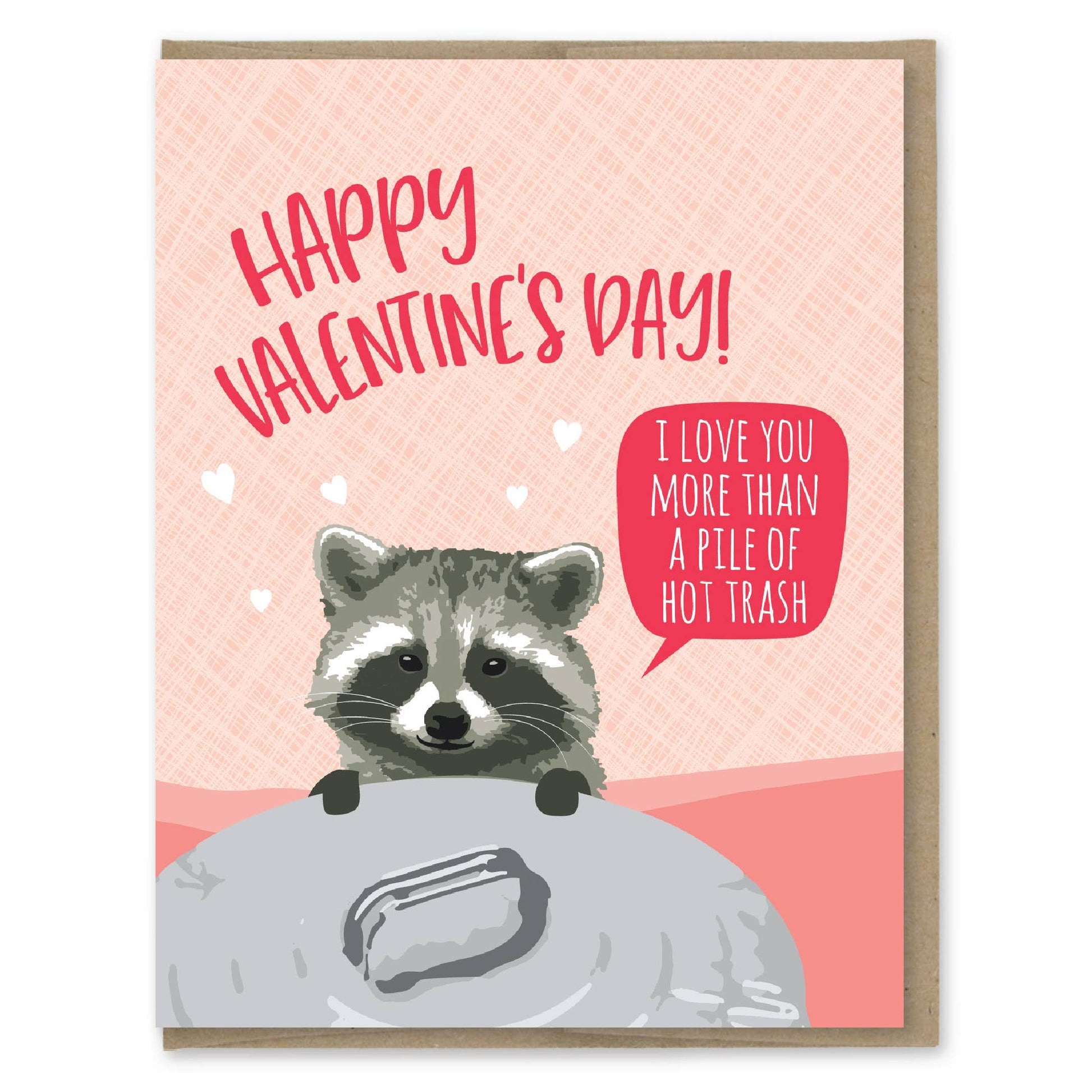 Valentine's Day card with a raccoon illustration and humorous text on a pink background