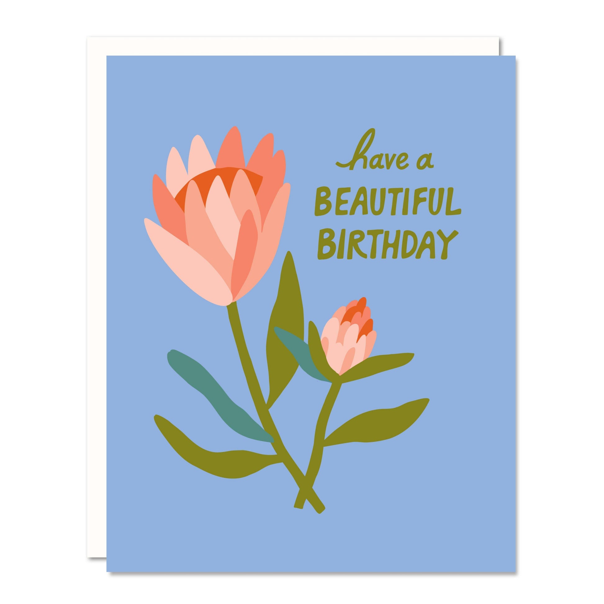 Greeting card with pink flower illustration and 'Have a Beautiful Birthday' text on a blue background
