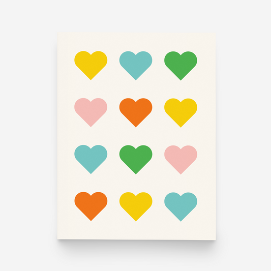 Pattern of colorful hearts on a white background