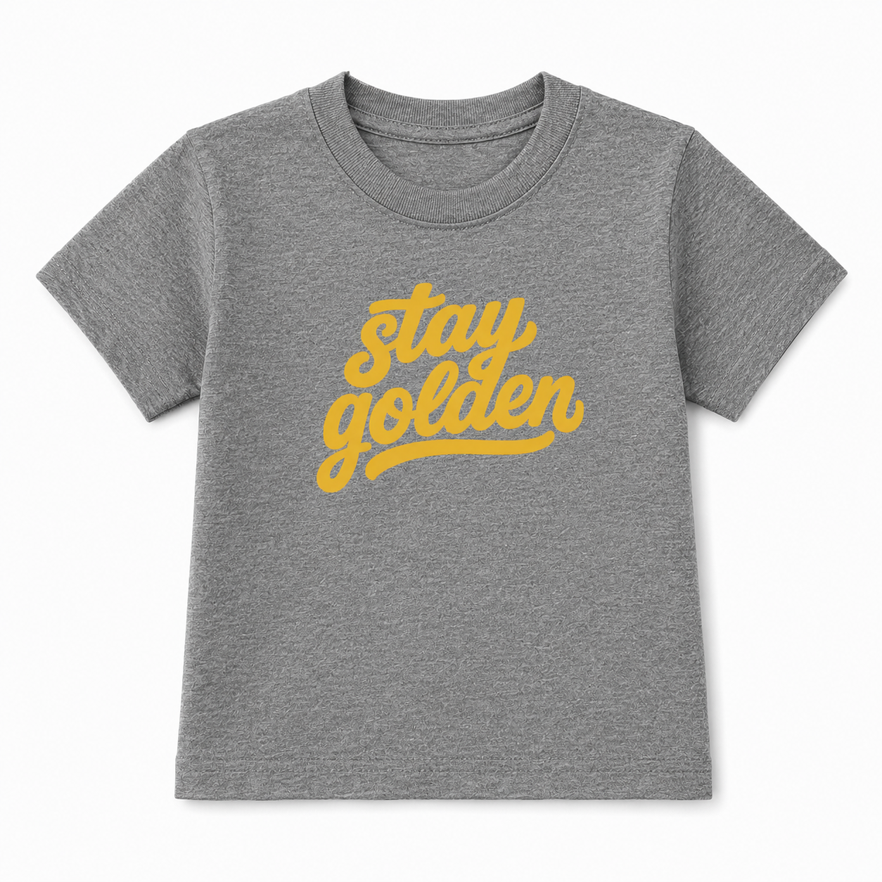 Gray t-shirt with 'stay golden' text in yellow on a white background