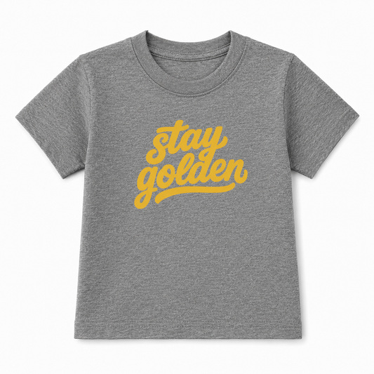 Gray t-shirt with 'stay golden' text in yellow on a white background
