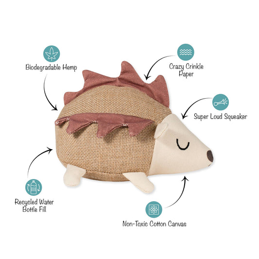Hedgehog-shaped toy with features labeled on a white background