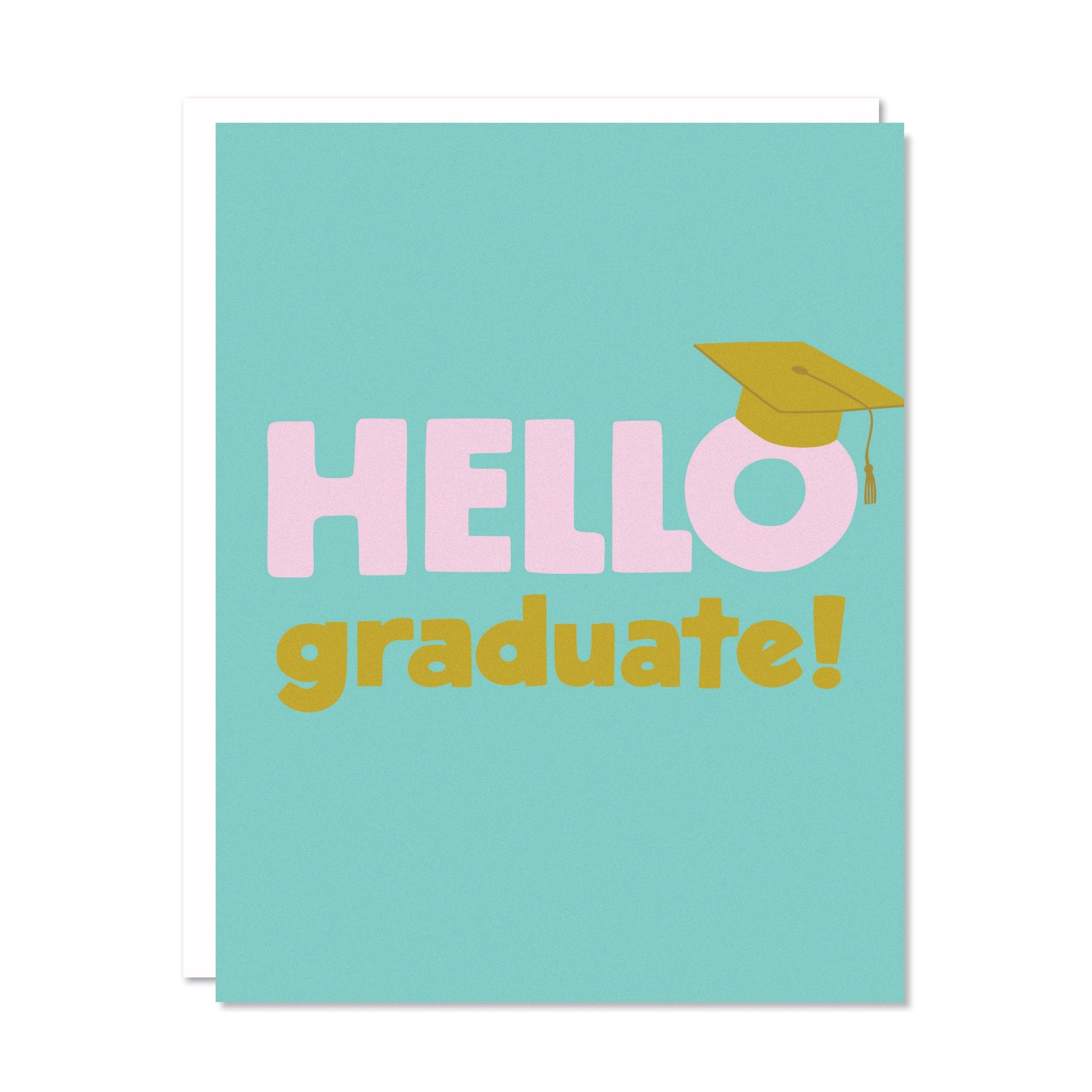Card with 'Hello graduate!' text and a graduation cap on a light blue background