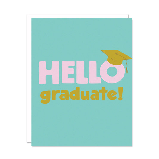 Card with 'Hello graduate!' text and a graduation cap on a light blue background