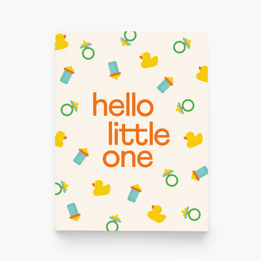 Baby-themed card with 'hello little one' text and colorful illustrations on a white background