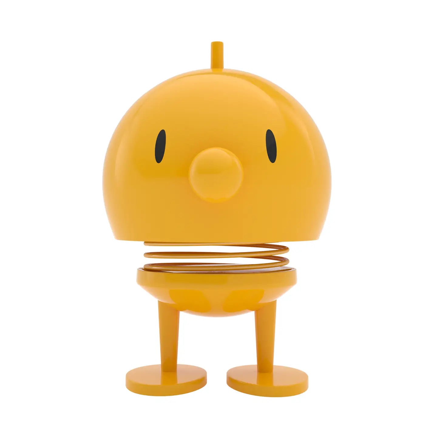 Yellow robot-like figure with a springy body on a white background