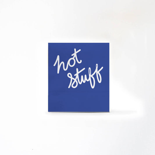 Blue square with white text 'hot stuff' on a white background