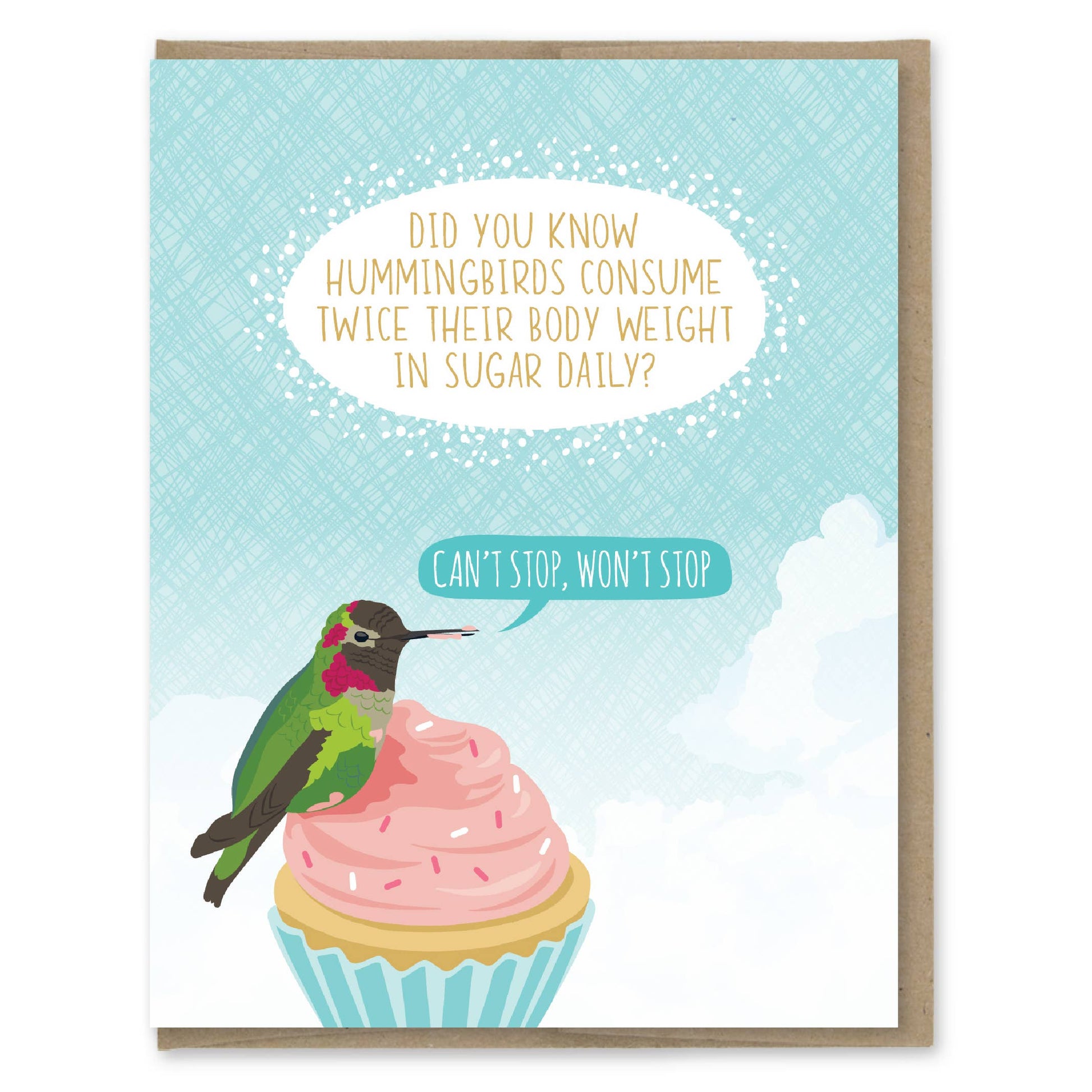 Card with a cartoon hummingbird on a cupcake and humorous text about hummingbirds and sugar.