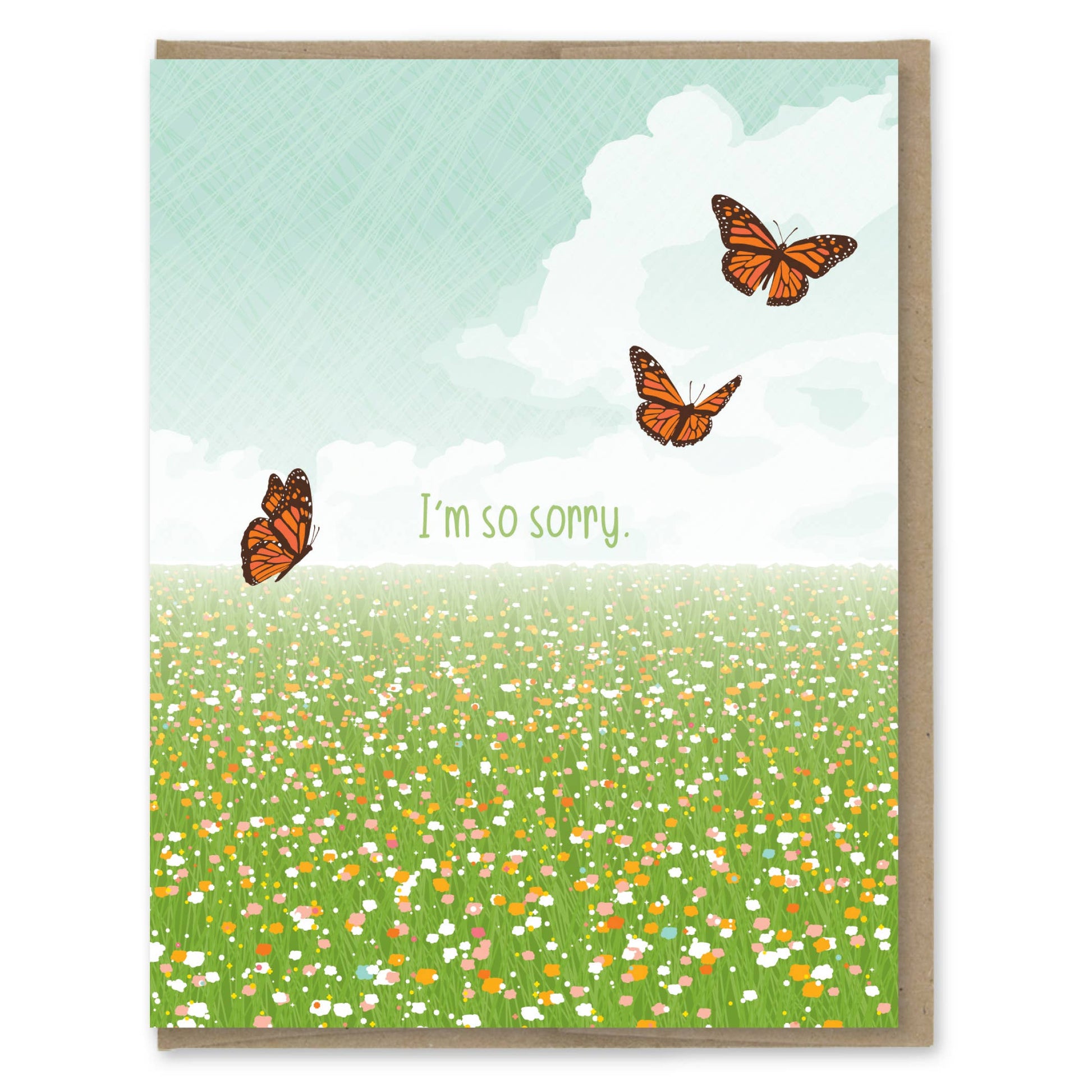 Card with butterflies and 'I'm so sorry' text on a nature-themed background