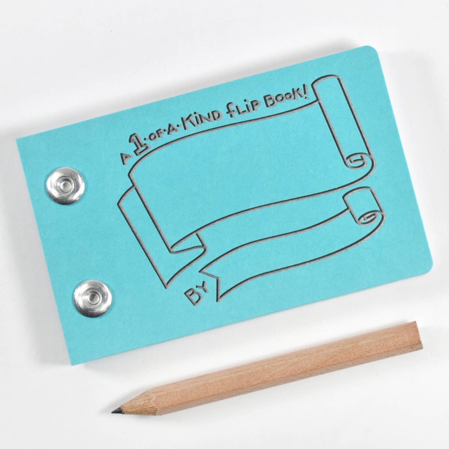 Small blue raspberry flip book with a pencil on a white background
