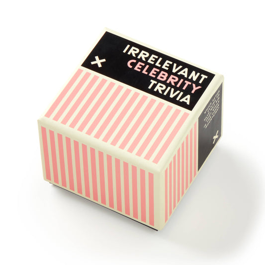 Box of 'Irrelevant Celebrity Trivia' with pink and black design on a white background