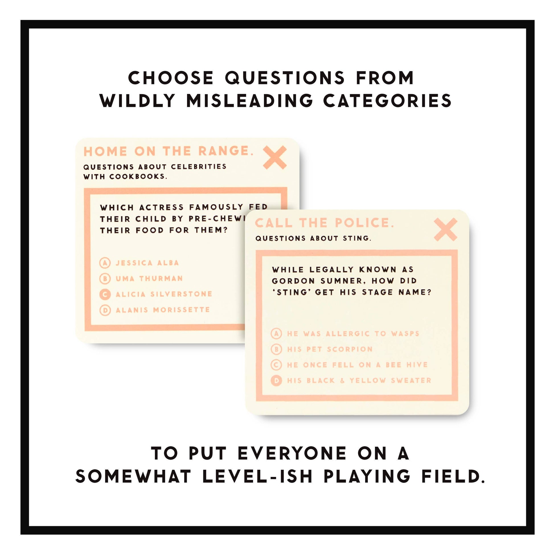 Two cards from a game with questions on celebrity and police-themed categories.