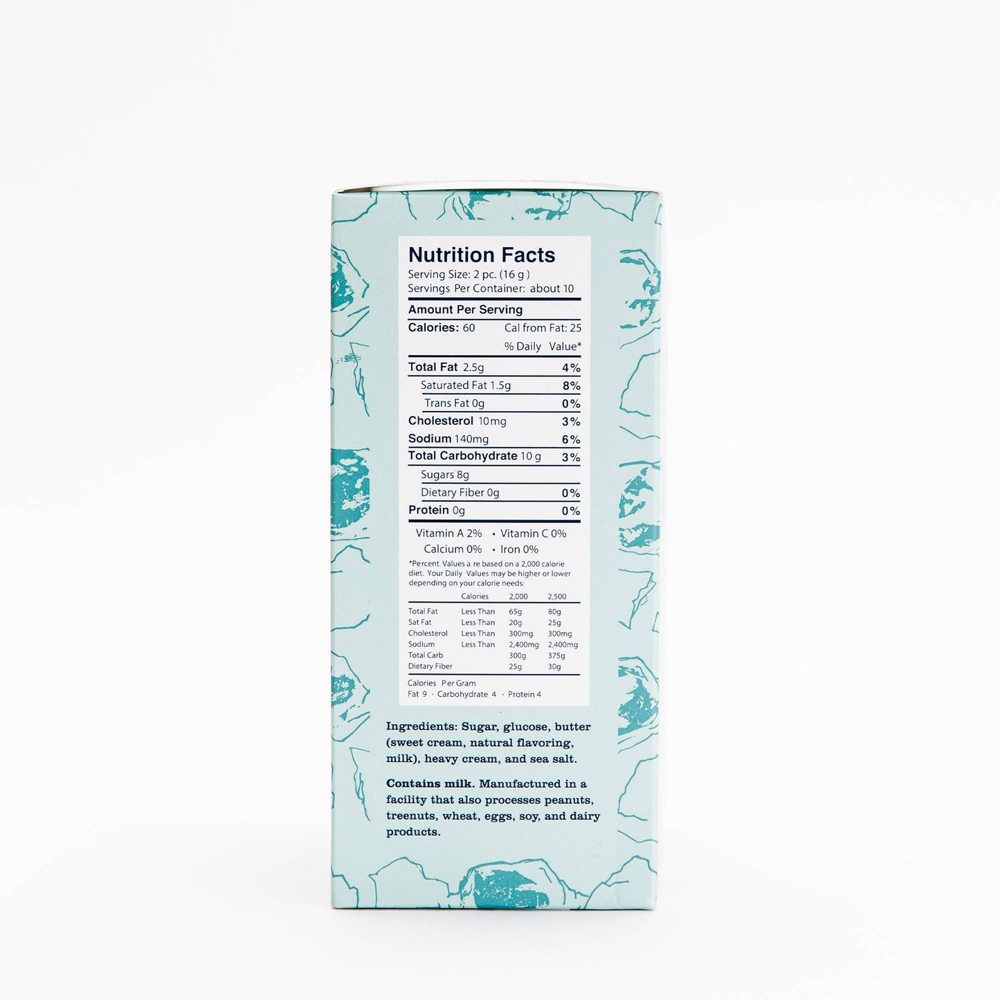 Caramel nutrition facts label on a light blue background