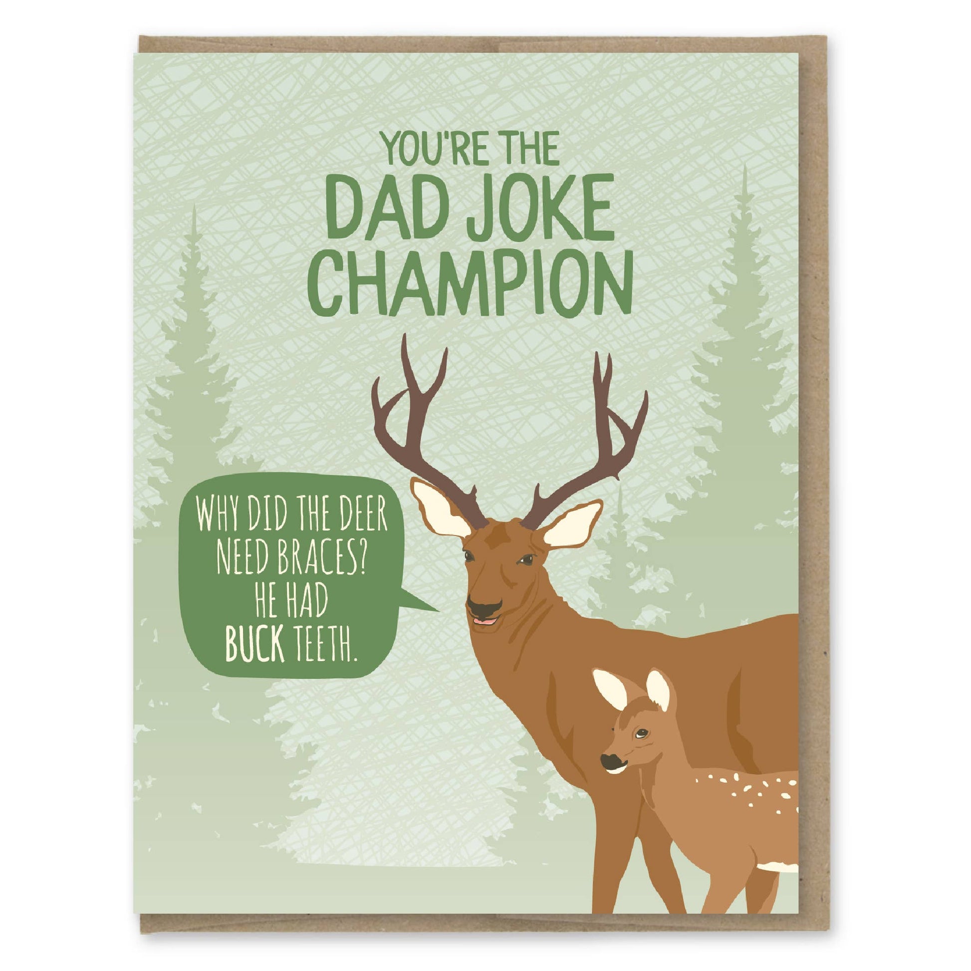 Card with a deer illustration and text about dad jokes on a forest background