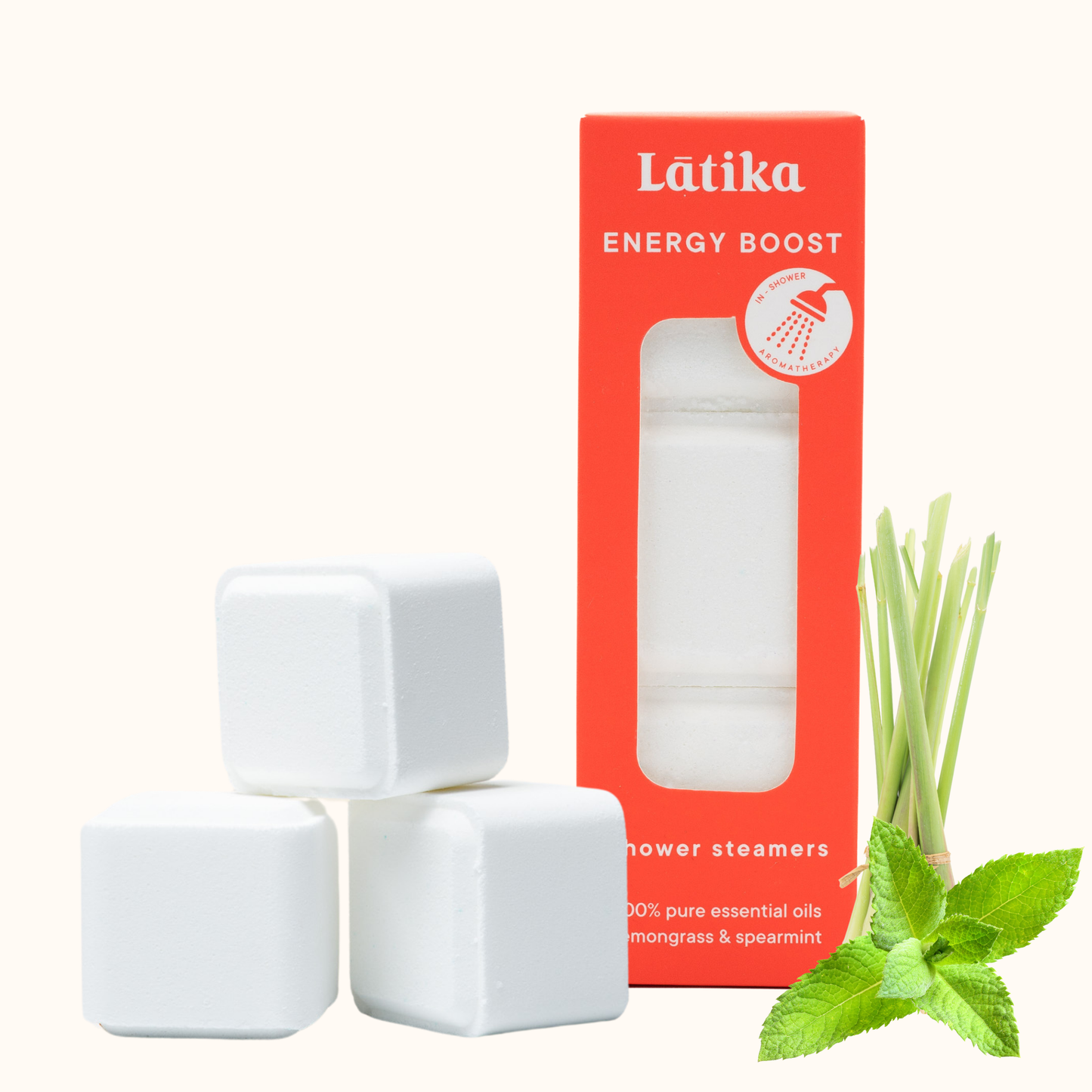 White cube-shaped items with a red 'Latika' box and green leaves on a white background