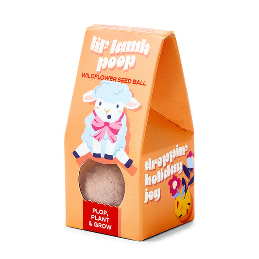 Orange packaging of a wildflower seed ball with a cartoon sheep on a white background