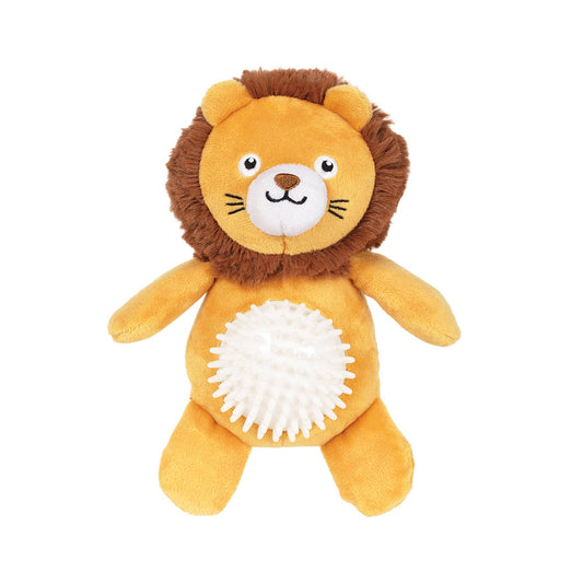 Plush lion toy with a textured belly on a white background