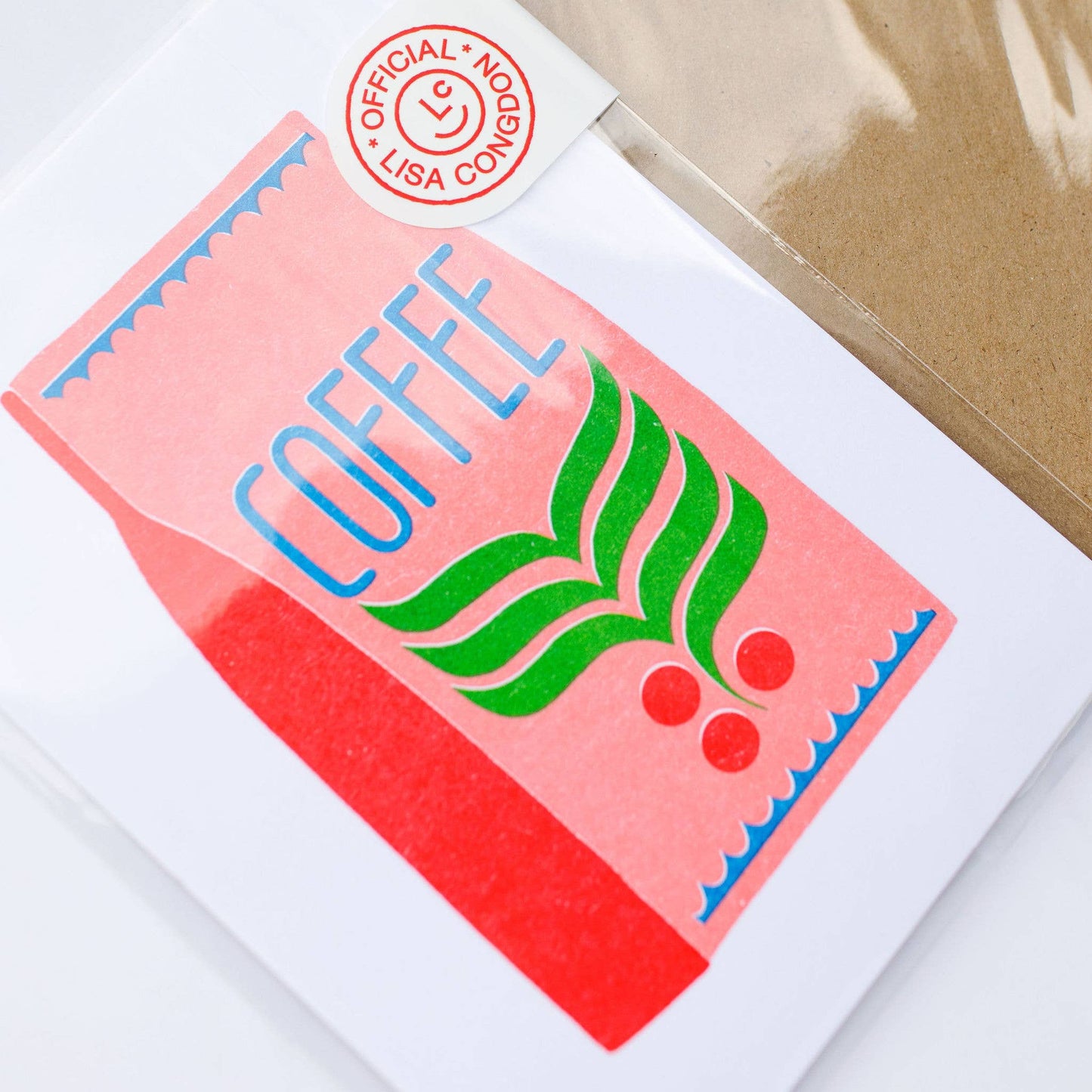 Riso print coffee packaging with a visible brand label on a white background