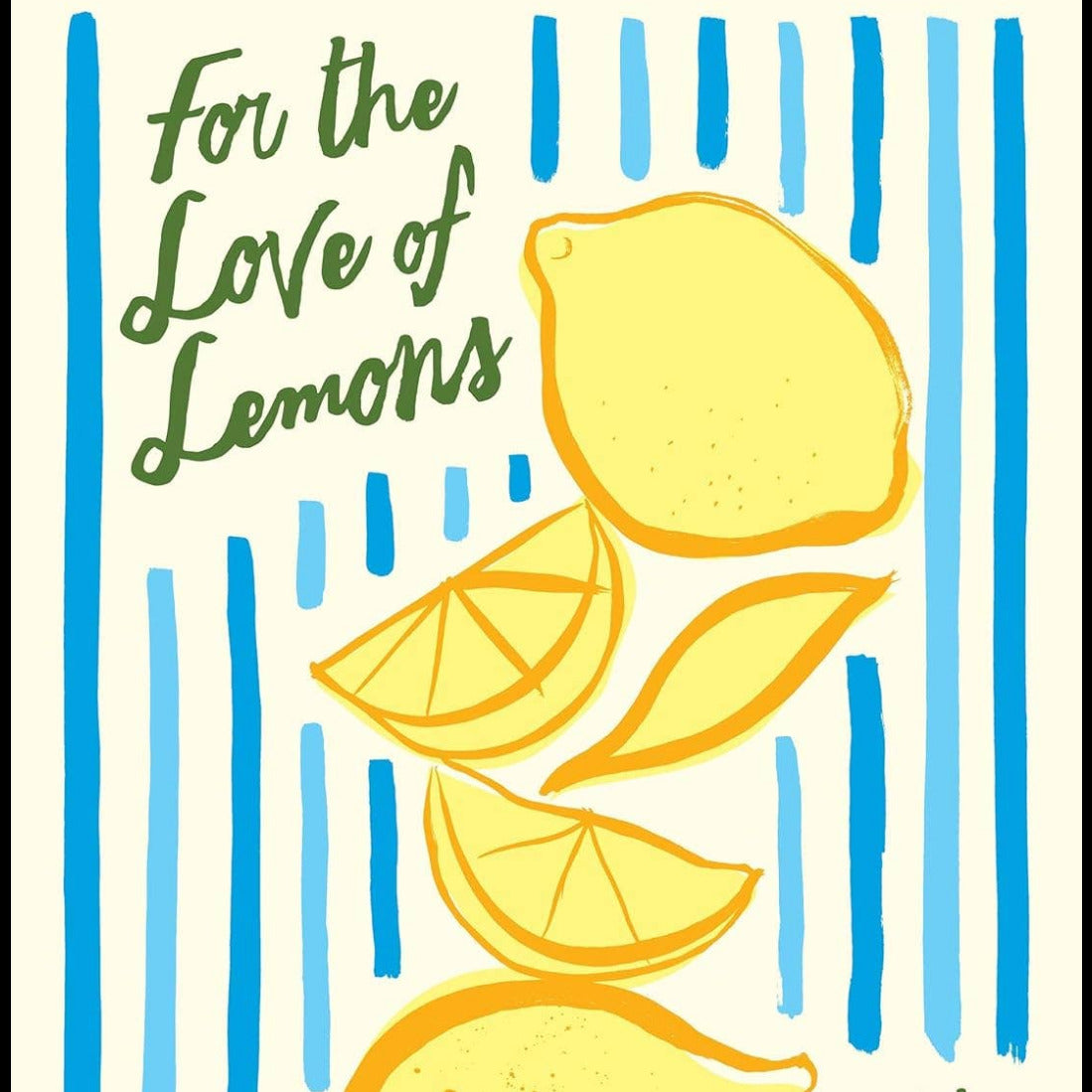 Book cover of 'For the Love of Lemons' with lemon illustrations and blue vertical stripes.