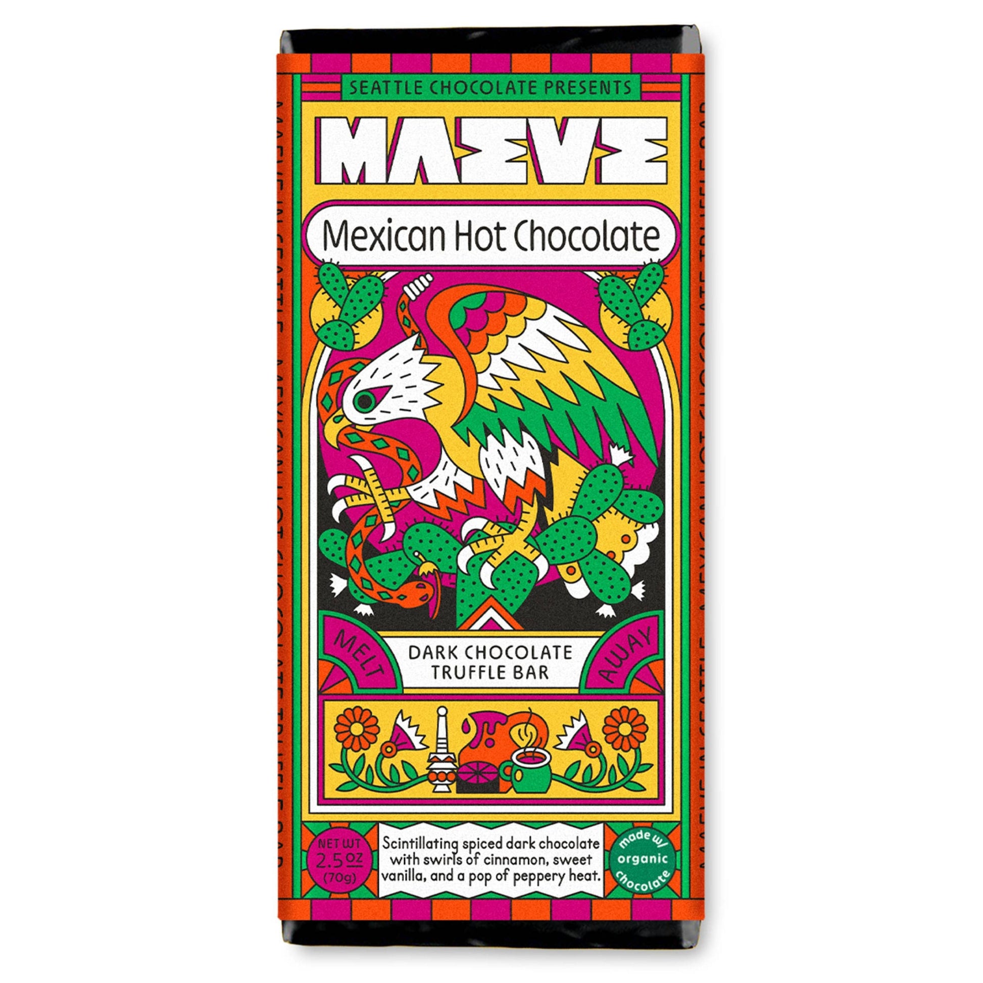 Colorful packaging of Maeve Mexican Hot Chocolate on a white background