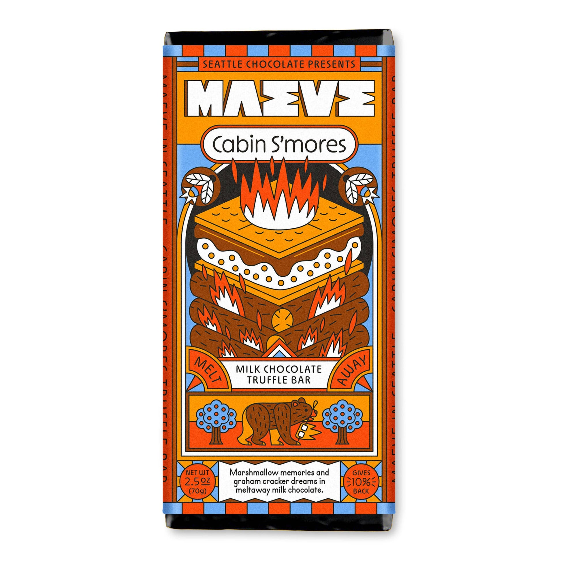 Chocolate bar packaging with a colorful design featuring a campfire and bear, on a white background.
