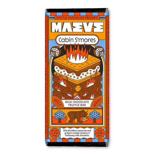 Chocolate bar packaging with a colorful design featuring a campfire and bear, on a white background.