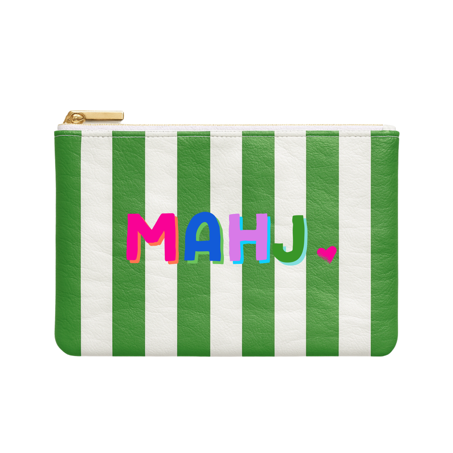 Green and white striped pouch with colorful letters spelling 'MAHJ' on a white background