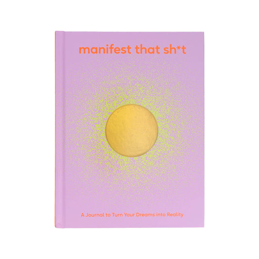 Journal with a purple cover featuring a yellow circle and text on a white background