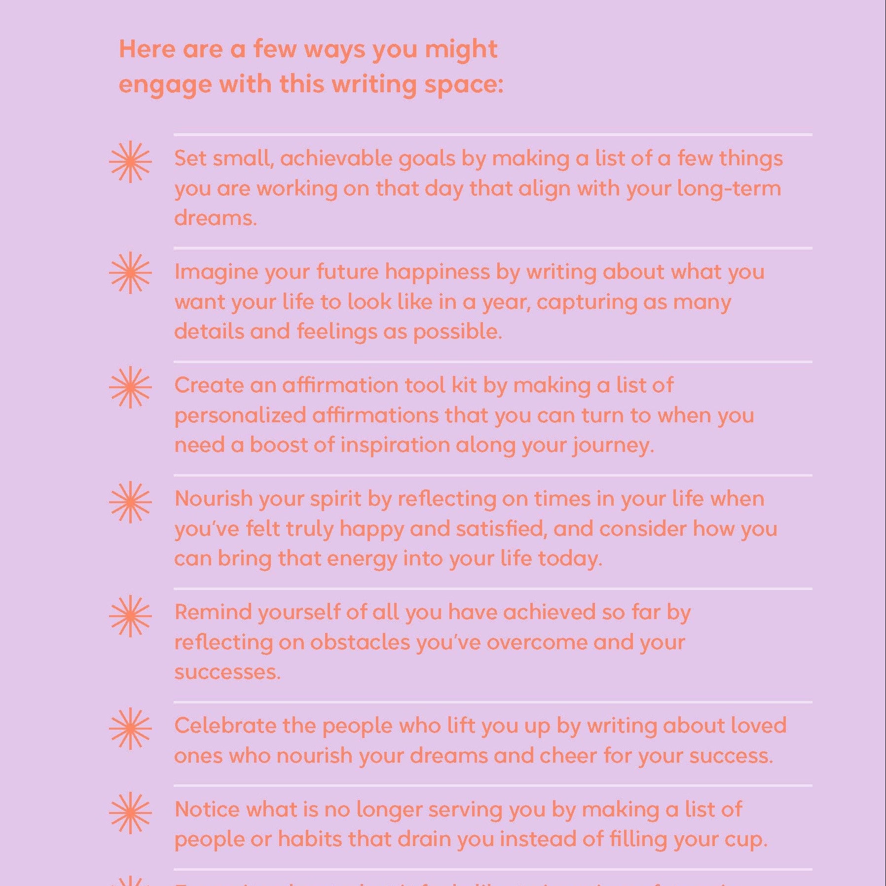 Instructions on how to use a journal with text on an orange and purple background