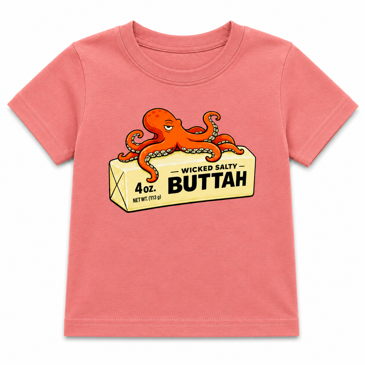 Pink t-shirt with an octopus graphic and text on a white background