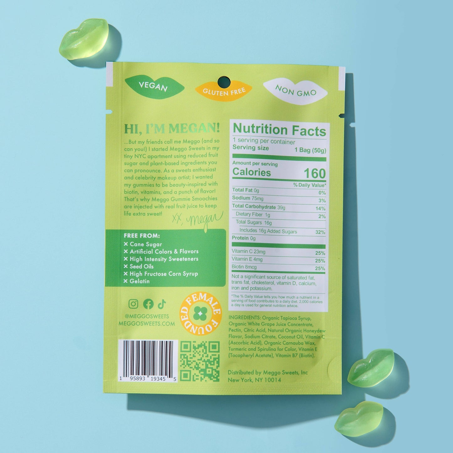 Back of a green package with text and nutrition facts on a light blue background