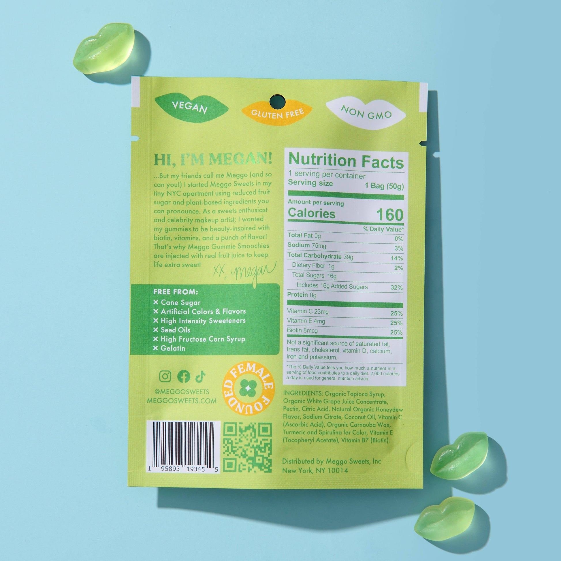 Back of a green package with text and nutrition facts on a light blue background