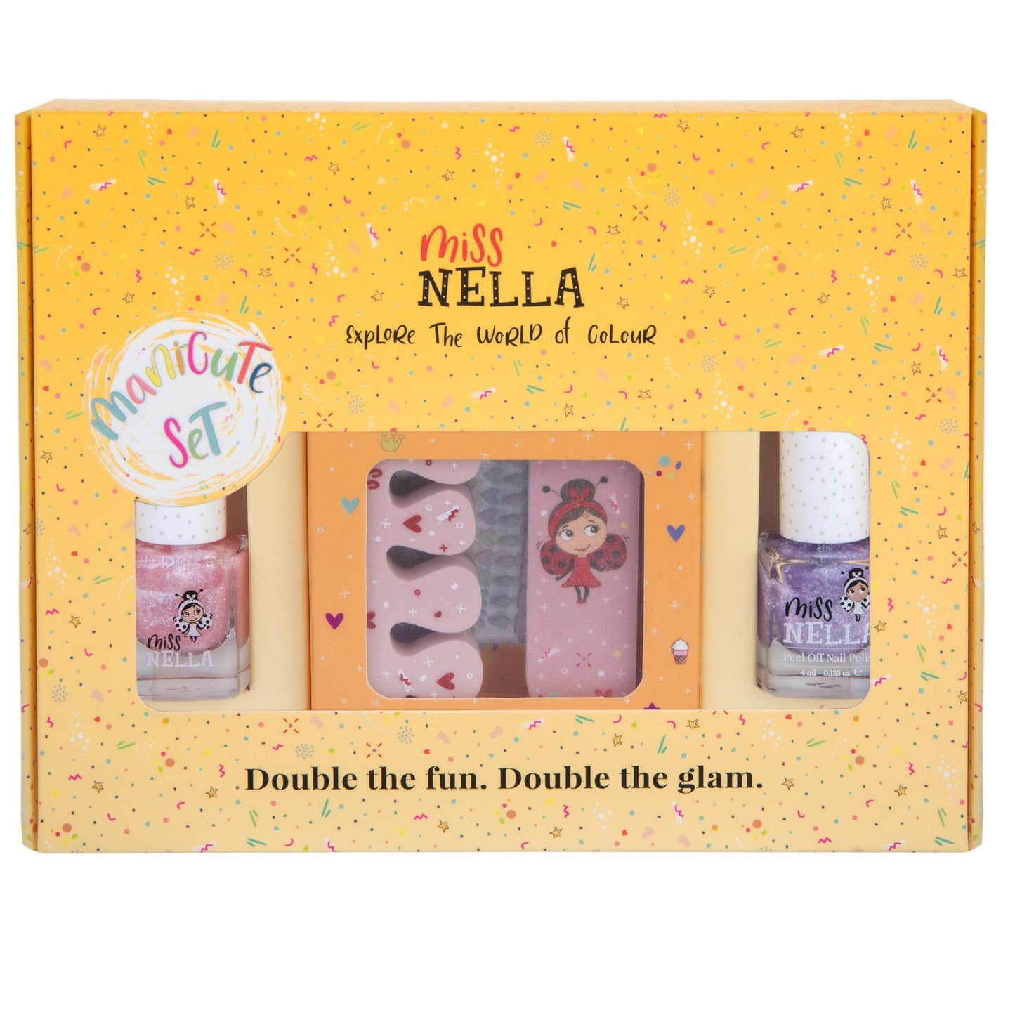 Miss Nella nail polish set packaging with two bottles and a card on a yellow background
