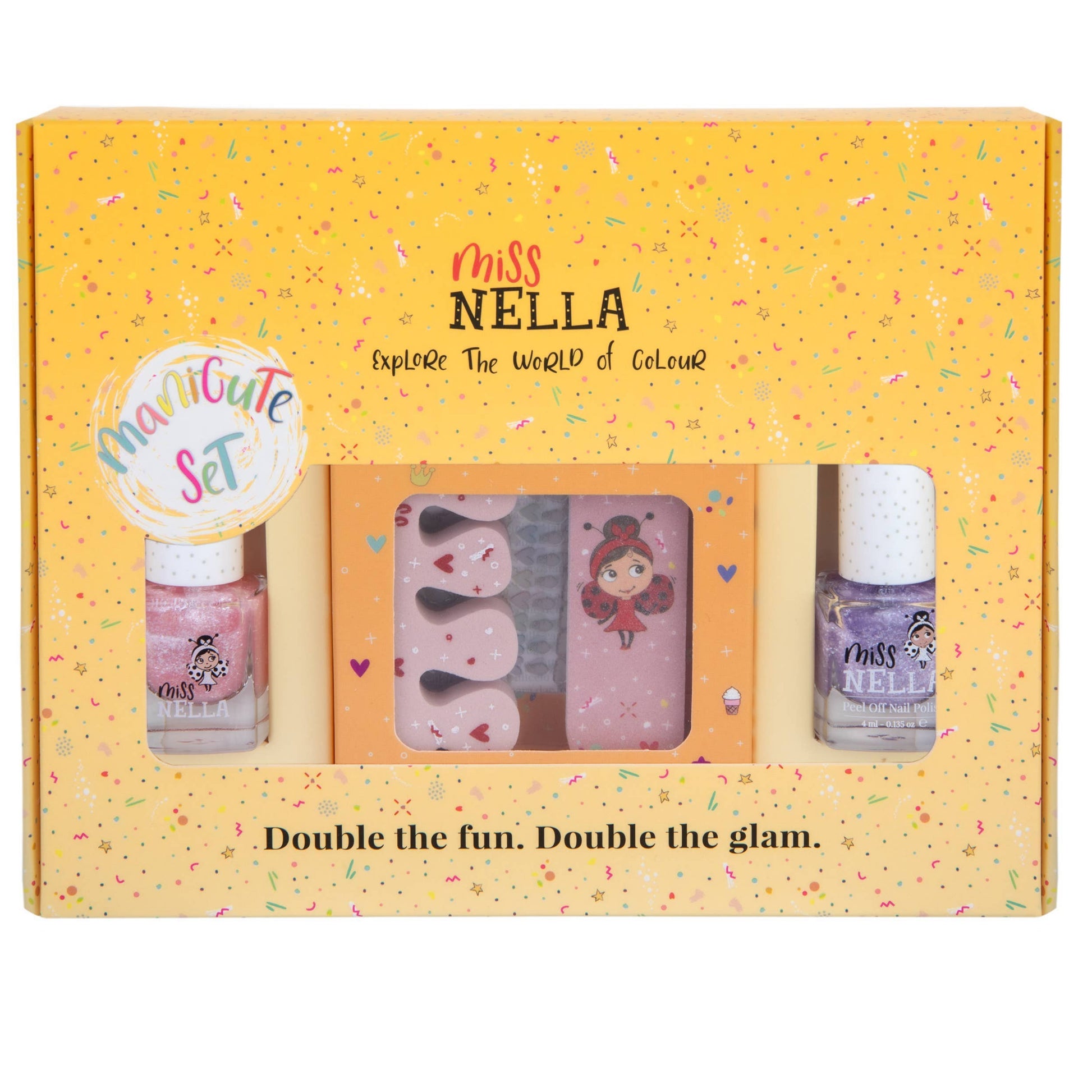 Miss Nella nail polish set packaging with two bottles and a card on a yellow background