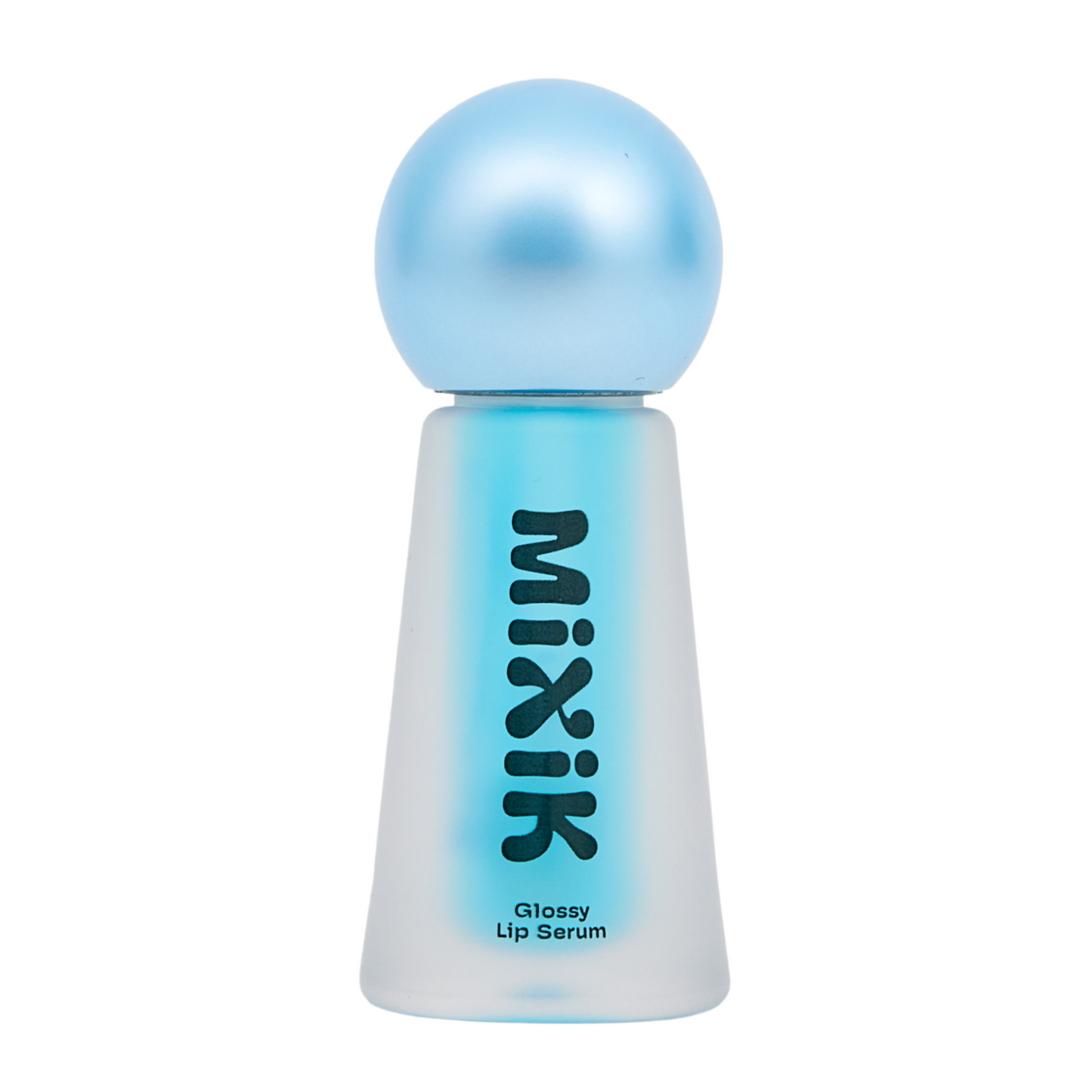 Lip serum bottle with blue cap and white body on a white background